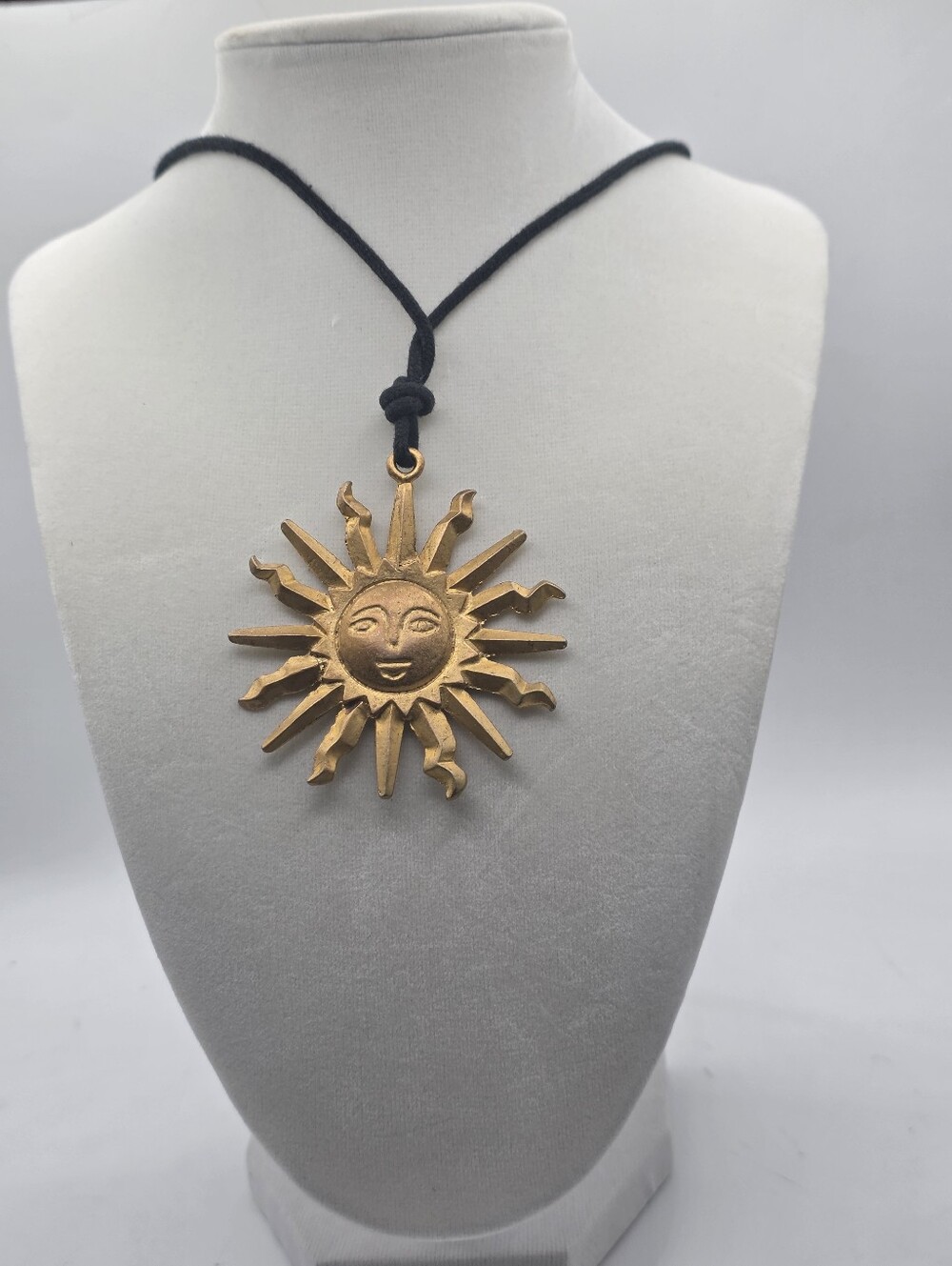 Vintage 80s 90s Celestial Sun Face Pendant Necklace Gold Tone Black Cord